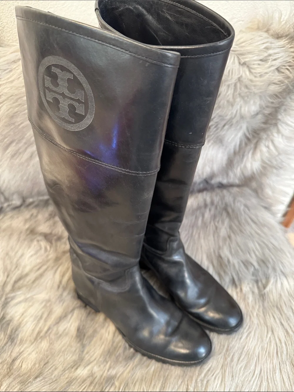 Tory Burch Black Tall Leather Logo Riding Boots Size 9